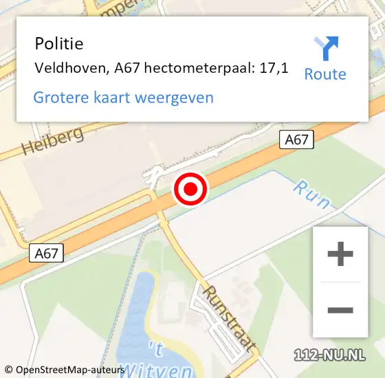 Locatie op kaart van de 112 melding: Politie Veldhoven, A67 hectometerpaal: 17,1 op 8 oktober 2021 17:08