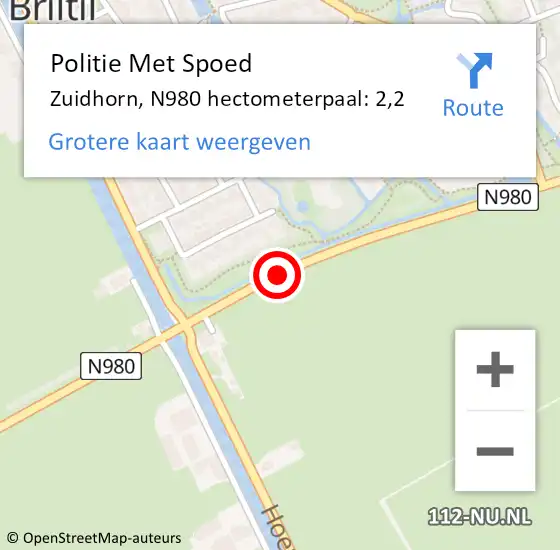 Locatie op kaart van de 112 melding: Politie Met Spoed Naar Zuidhorn, N980 hectometerpaal: 2,2 op 8 oktober 2021 17:12