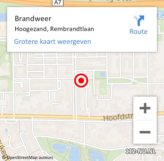 Locatie op kaart van de 112 melding: Brandweer Hoogezand, Rembrandtlaan op 9 oktober 2021 15:21