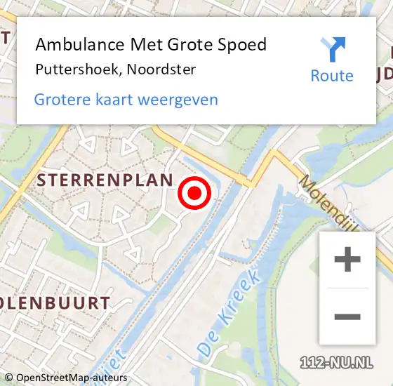 Locatie op kaart van de 112 melding: Ambulance Met Grote Spoed Naar Puttershoek, Noordster op 9 oktober 2021 20:38