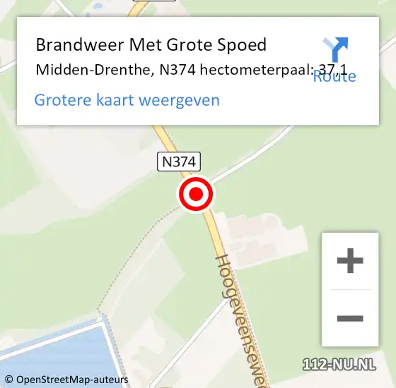 Locatie op kaart van de 112 melding: Brandweer Met Grote Spoed Naar Midden-Drenthe, N374 hectometerpaal: 37,1 op 10 oktober 2021 00:06