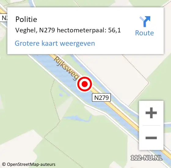 Locatie op kaart van de 112 melding: Politie Veghel, N279 hectometerpaal: 56,1 op 10 oktober 2021 12:09