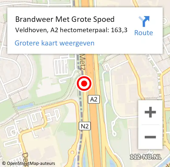 Locatie op kaart van de 112 melding: Brandweer Met Grote Spoed Naar Veldhoven, A2 hectometerpaal: 163,3 op 10 oktober 2021 15:10