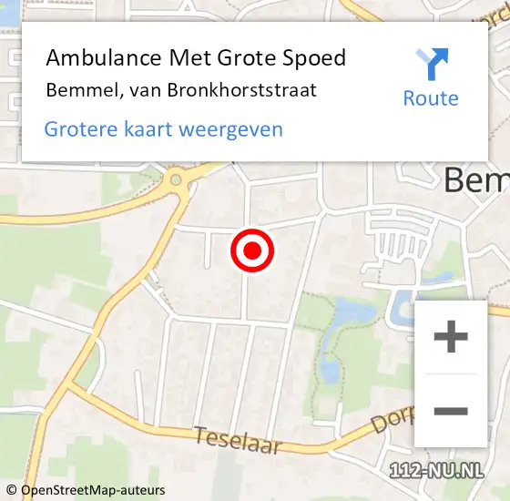 Locatie op kaart van de 112 melding: Ambulance Met Grote Spoed Naar Bemmel, van Bronkhorststraat op 11 oktober 2021 10:02