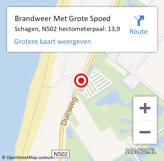 Locatie op kaart van de 112 melding: Brandweer Met Grote Spoed Naar Schagen, N502 hectometerpaal: 13,9 op 11 oktober 2021 11:13