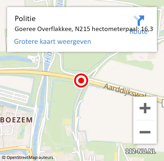 Locatie op kaart van de 112 melding: Politie Goeree Overflakkee, N215 hectometerpaal: 16,3 op 12 oktober 2021 00:11
