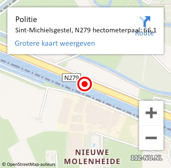 Locatie op kaart van de 112 melding: Politie Sint-Michielsgestel, N279 hectometerpaal: 66,1 op 12 oktober 2021 20:09
