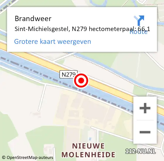 Locatie op kaart van de 112 melding: Brandweer Sint-Michielsgestel, N279 hectometerpaal: 66,1 op 12 oktober 2021 20:09