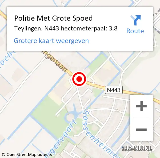 Locatie op kaart van de 112 melding: Politie Met Grote Spoed Naar Teylingen, N443 hectometerpaal: 3,8 op 13 oktober 2021 08:14