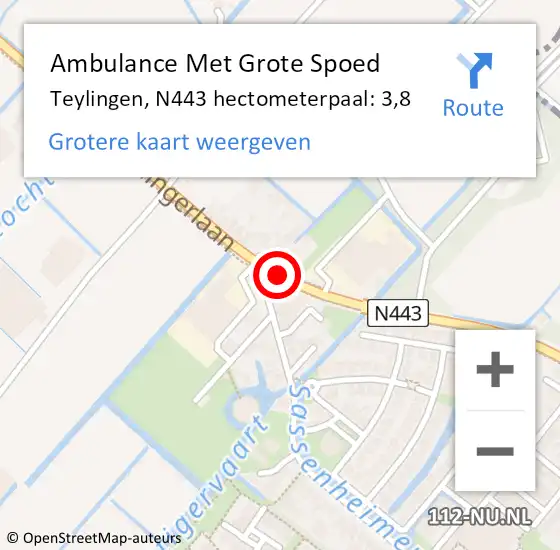 Locatie op kaart van de 112 melding: Ambulance Met Grote Spoed Naar Teylingen, N443 hectometerpaal: 3,8 op 13 oktober 2021 08:17