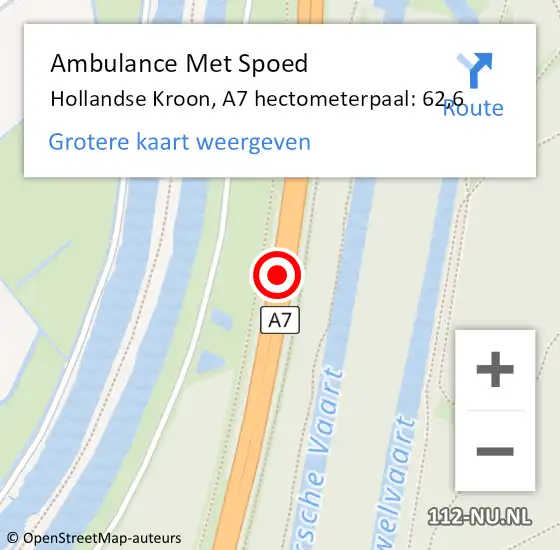Locatie op kaart van de 112 melding: Ambulance Met Spoed Naar Hollandse Kroon, A7 hectometerpaal: 62,6 op 13 oktober 2021 13:29