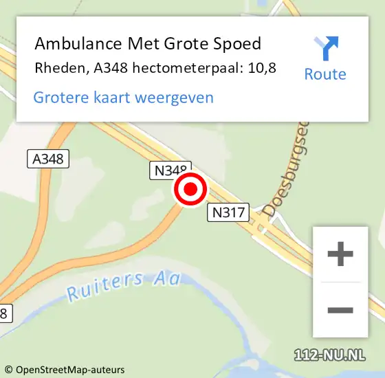Locatie op kaart van de 112 melding: Ambulance Met Grote Spoed Naar Rheden, A348 hectometerpaal: 10,8 op 13 oktober 2021 17:59