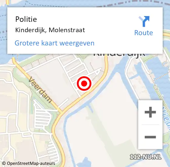 Locatie op kaart van de 112 melding: Politie Kinderdijk, Molenstraat op 14 oktober 2021 10:44