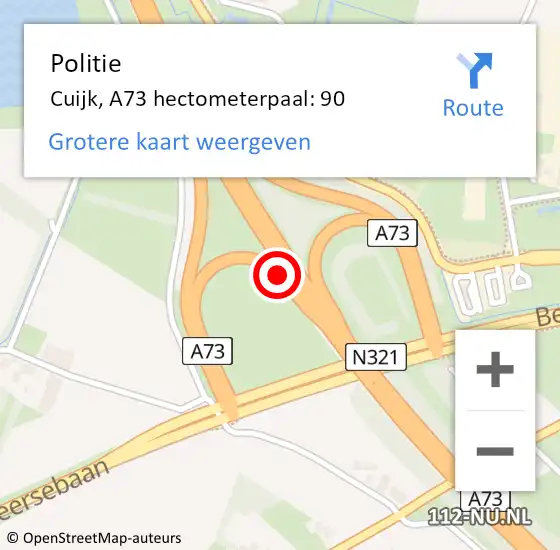 Locatie op kaart van de 112 melding: Politie Cuijk, A73 hectometerpaal: 90 op 14 oktober 2021 13:11