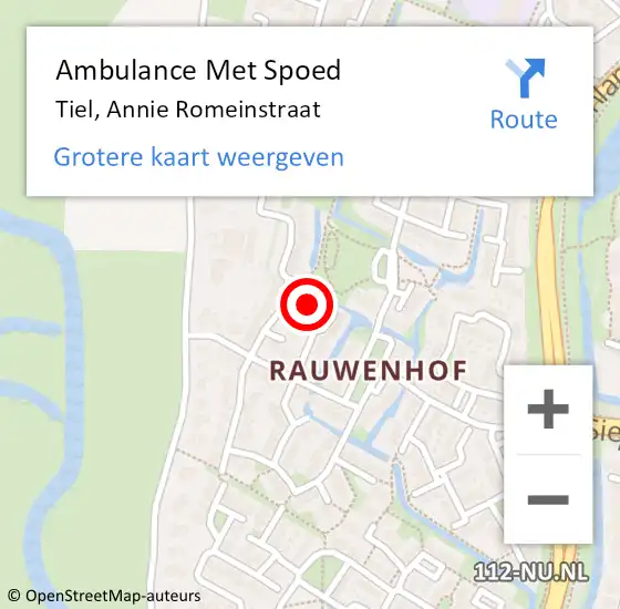 Locatie op kaart van de 112 melding: Ambulance Met Spoed Naar Tiel, Annie Romeinstraat op 14 oktober 2021 18:46