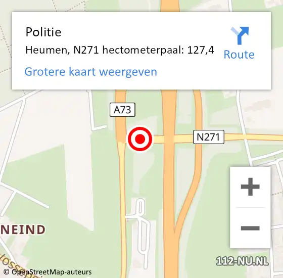 Locatie op kaart van de 112 melding: Politie Heumen, N271 hectometerpaal: 127,4 op 14 oktober 2021 22:34