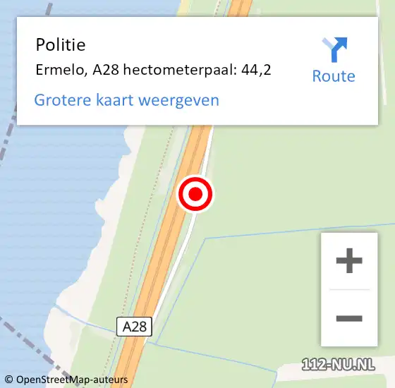Locatie op kaart van de 112 melding: Politie Ermelo, A28 hectometerpaal: 44,2 op 15 oktober 2021 16:19