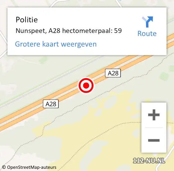 Locatie op kaart van de 112 melding: Politie Nunspeet, A28 hectometerpaal: 59 op 15 oktober 2021 17:09