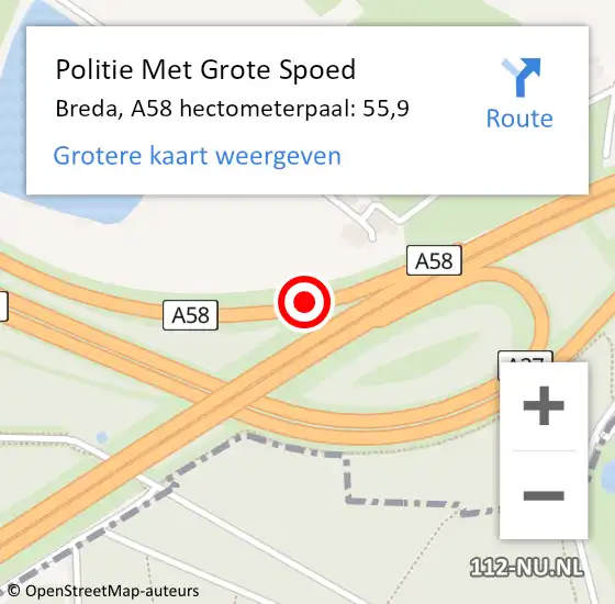 Locatie op kaart van de 112 melding: Politie Met Grote Spoed Naar Breda, A58 hectometerpaal: 55,9 op 15 oktober 2021 17:16