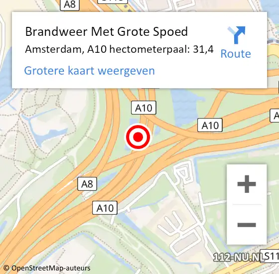 Locatie op kaart van de 112 melding: Brandweer Met Grote Spoed Naar Amsterdam, A10 hectometerpaal: 31,4 op 15 oktober 2021 18:57