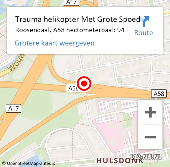 Locatie op kaart van de 112 melding: Trauma helikopter Met Grote Spoed Naar Roosendaal, A58 hectometerpaal: 94 op 16 oktober 2021 21:33
