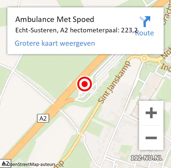Locatie op kaart van de 112 melding: Ambulance Met Spoed Naar Echt-Susteren, A2 hectometerpaal: 223,2 op 17 oktober 2021 14:08