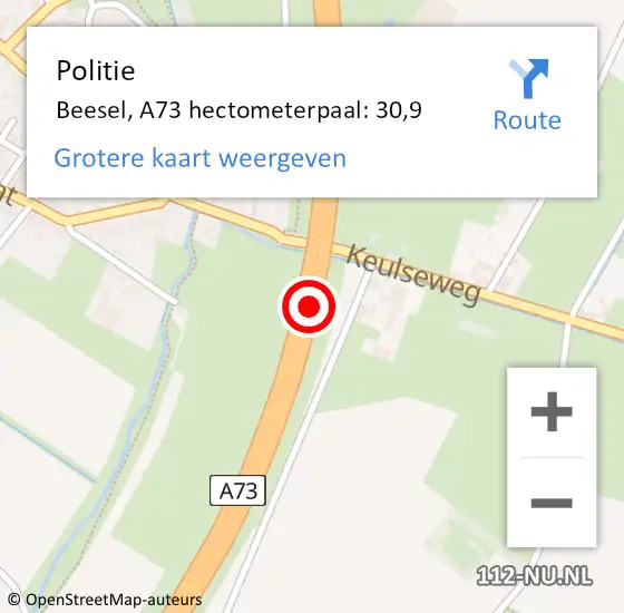 Locatie op kaart van de 112 melding: Politie Beesel, A73 hectometerpaal: 30,9 op 17 oktober 2021 16:44