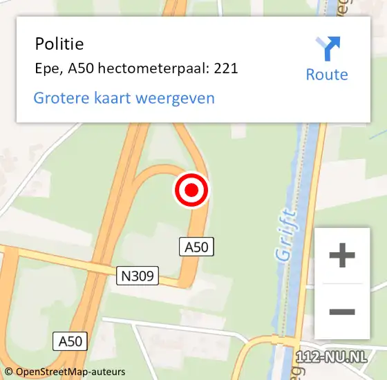 Locatie op kaart van de 112 melding: Politie Epe, A50 hectometerpaal: 221 op 18 oktober 2021 22:39