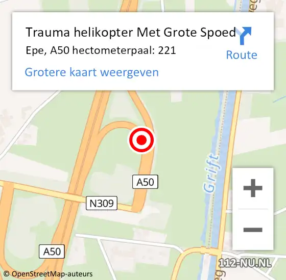 Locatie op kaart van de 112 melding: Trauma helikopter Met Grote Spoed Naar Epe, A50 hectometerpaal: 221 op 18 oktober 2021 22:49