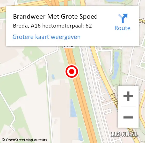 Locatie op kaart van de 112 melding: Brandweer Met Grote Spoed Naar Breda, A16 hectometerpaal: 62 op 19 oktober 2021 08:18