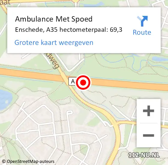 Locatie op kaart van de 112 melding: Ambulance Met Spoed Naar Enschede, A35 hectometerpaal: 69,3 op 19 oktober 2021 21:54