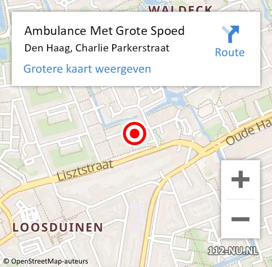 Locatie op kaart van de 112 melding: Ambulance Met Grote Spoed Naar Den Haag, Charlie Parkerstraat op 19 oktober 2021 22:52