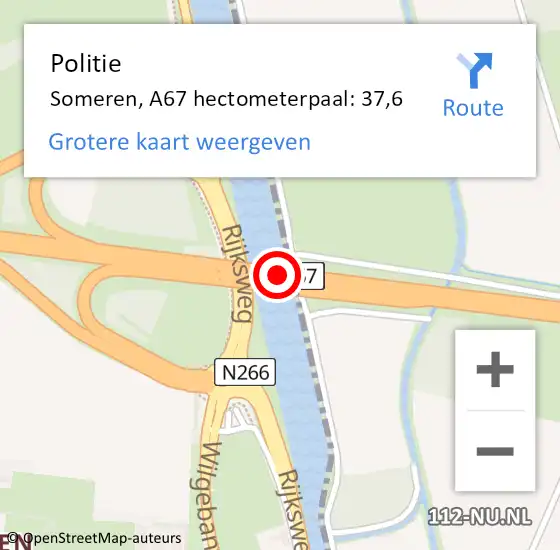 Locatie op kaart van de 112 melding: Politie Someren, A67 hectometerpaal: 37,6 op 20 oktober 2021 01:15