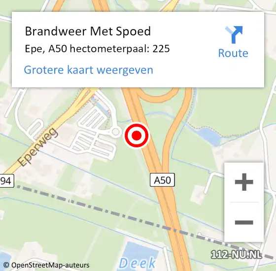 Locatie op kaart van de 112 melding: Brandweer Met Spoed Naar Epe, A50 hectometerpaal: 225 op 21 oktober 2021 04:05