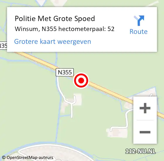 Locatie op kaart van de 112 melding: Politie Met Grote Spoed Naar Winsum, N355 hectometerpaal: 52 op 21 oktober 2021 07:19