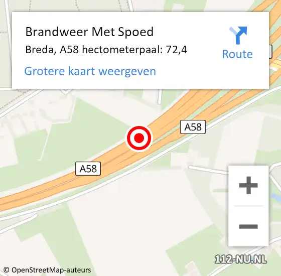 Locatie op kaart van de 112 melding: Brandweer Met Spoed Naar Breda, A58 hectometerpaal: 72,4 op 21 oktober 2021 17:59