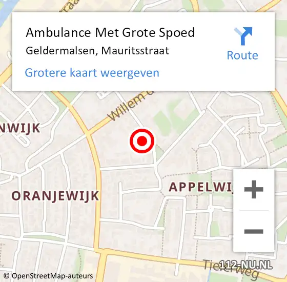 Locatie op kaart van de 112 melding: Ambulance Met Grote Spoed Naar Geldermalsen, Mauritsstraat op 21 oktober 2021 19:09