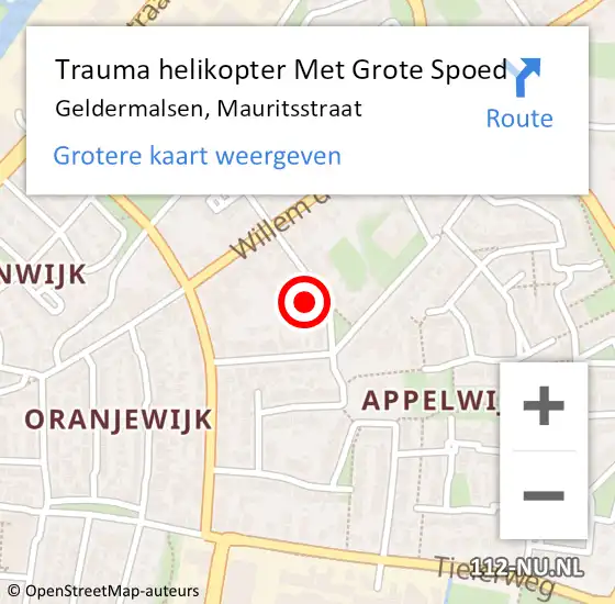 Locatie op kaart van de 112 melding: Trauma helikopter Met Grote Spoed Naar Geldermalsen, Mauritsstraat op 21 oktober 2021 19:12