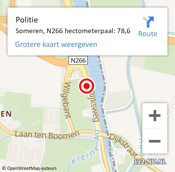 Locatie op kaart van de 112 melding: Politie Someren, N266 hectometerpaal: 78,6 op 24 oktober 2021 02:51