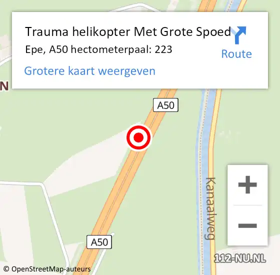 Locatie op kaart van de 112 melding: Trauma helikopter Met Grote Spoed Naar Epe, A50 hectometerpaal: 223 op 24 oktober 2021 14:58