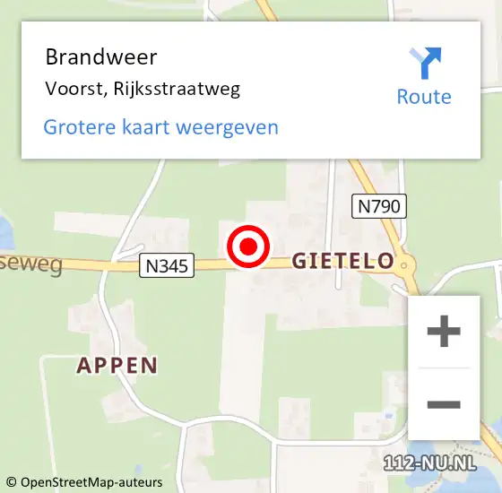 Locatie op kaart van de 112 melding: Brandweer Voorst, Rijksstraatweg op 24 oktober 2021 20:25