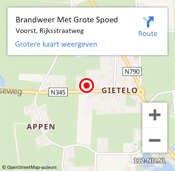 Locatie op kaart van de 112 melding: Brandweer Met Grote Spoed Naar Voorst, Rijksstraatweg op 24 oktober 2021 21:04