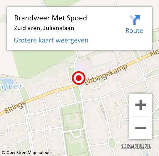 Locatie op kaart van de 112 melding: Brandweer Met Spoed Naar Zuidlaren, Julianalaan op 27 juni 2014 11:31