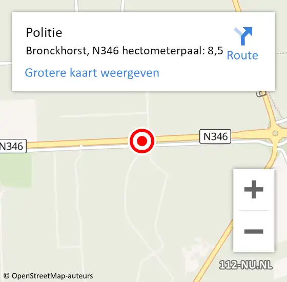 Locatie op kaart van de 112 melding: Politie Bronckhorst, N346 hectometerpaal: 8,5 op 28 oktober 2021 08:20