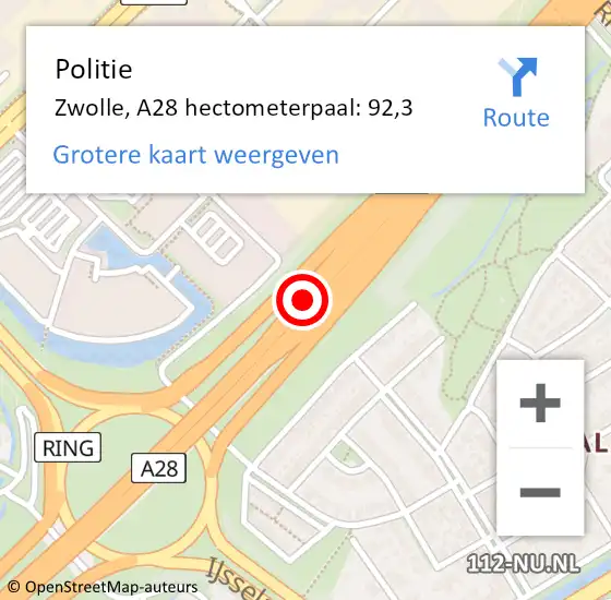 Locatie op kaart van de 112 melding: Politie Zwolle, A28 hectometerpaal: 92,3 op 28 oktober 2021 11:33