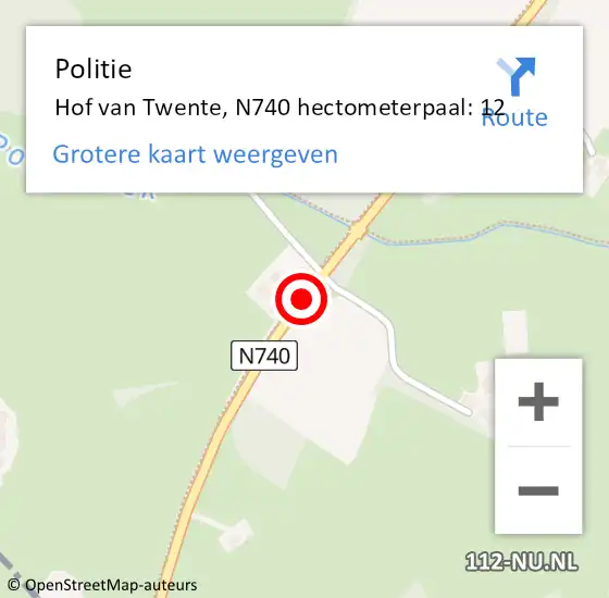Locatie op kaart van de 112 melding: Politie Hof van Twente, N740 hectometerpaal: 12 op 28 oktober 2021 18:31