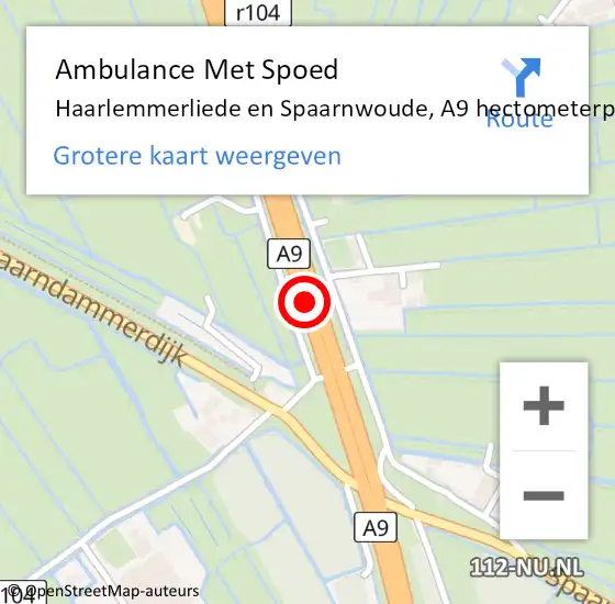 Locatie op kaart van de 112 melding: Ambulance Met Spoed Naar Haarlemmerliede en Spaarnwoude, A9 hectometerpaal: 45,5 op 29 oktober 2021 07:47