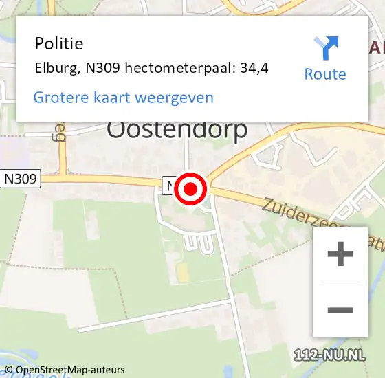 Locatie op kaart van de 112 melding: Politie Elburg, N309 hectometerpaal: 34,4 op 29 oktober 2021 10:42