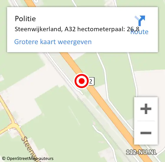 Locatie op kaart van de 112 melding: Politie Steenwijkerland, A32 hectometerpaal: 26,8 op 29 oktober 2021 14:15