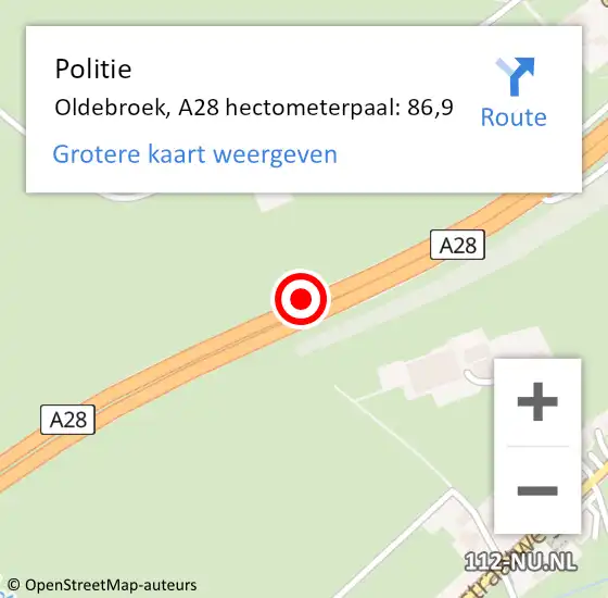 Locatie op kaart van de 112 melding: Politie Zwolle, A28 hectometerpaal: 86,9 op 29 oktober 2021 22:17